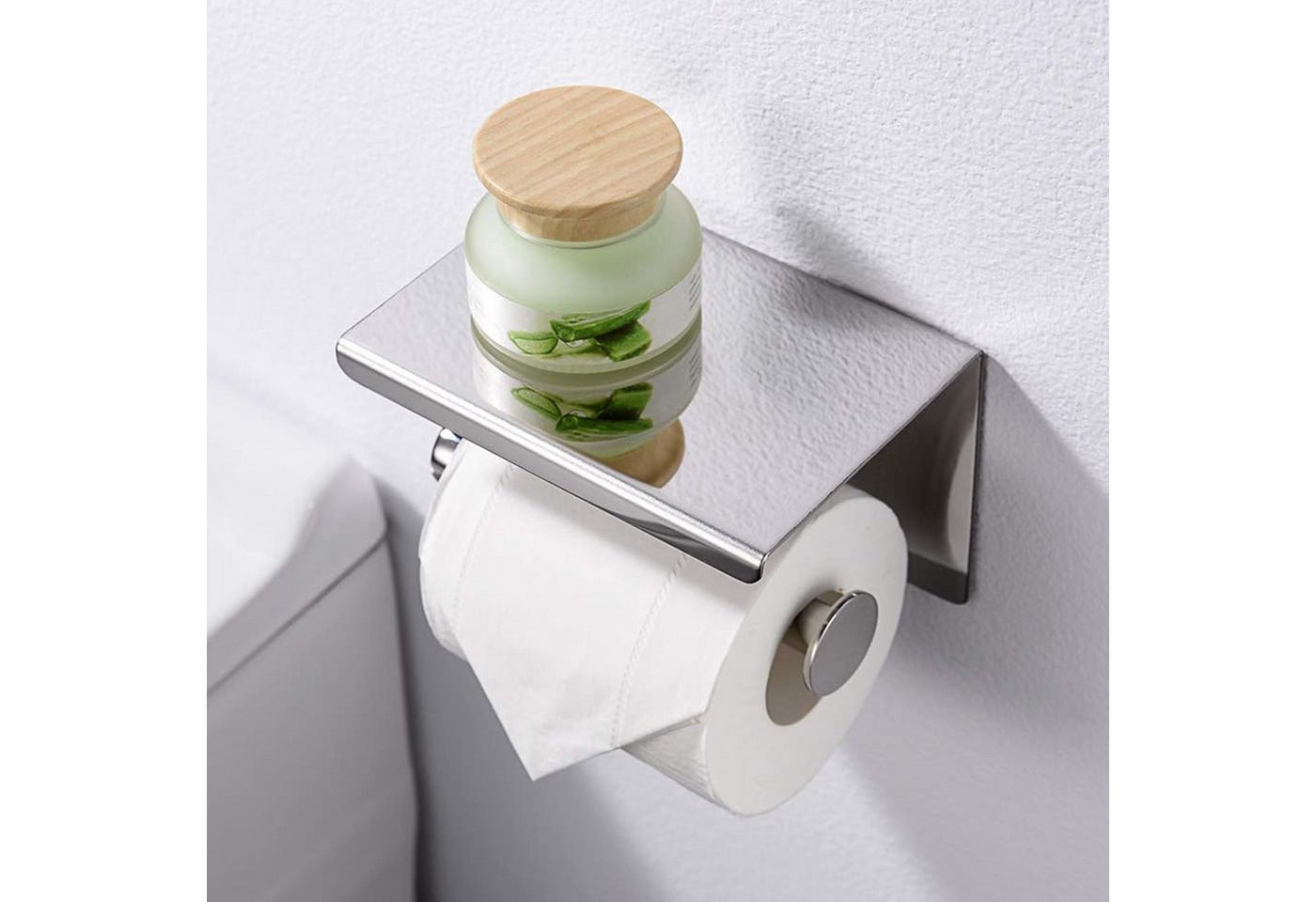 BOOD Toilettenpapierhalter aus Edelstahl mit Ablage, bohr‑/klebbar Wandmontage für Bad & Küche (Packung, inkl. Montagezubehör für Bohr‑ und Klebemontage), Praktische Ablagefläche,für Bad,Küche,passend für gängige Papierrollen Bild 4