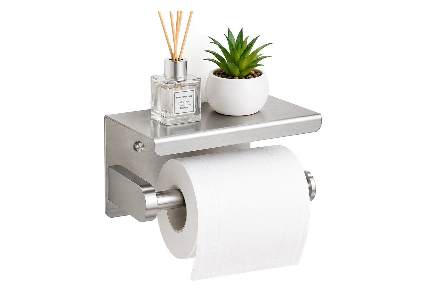 BOOD Toilettenpapierhalter aus Edelstahl mit Ablage, bohr‑/klebbar Wandmontage für Bad & Küche (Packung, inkl. Montagezubehör für Bohr‑ und Klebemontage), Praktische Ablagefläche,für Bad,Küche,passend für gängige Papierrollen Bild 5