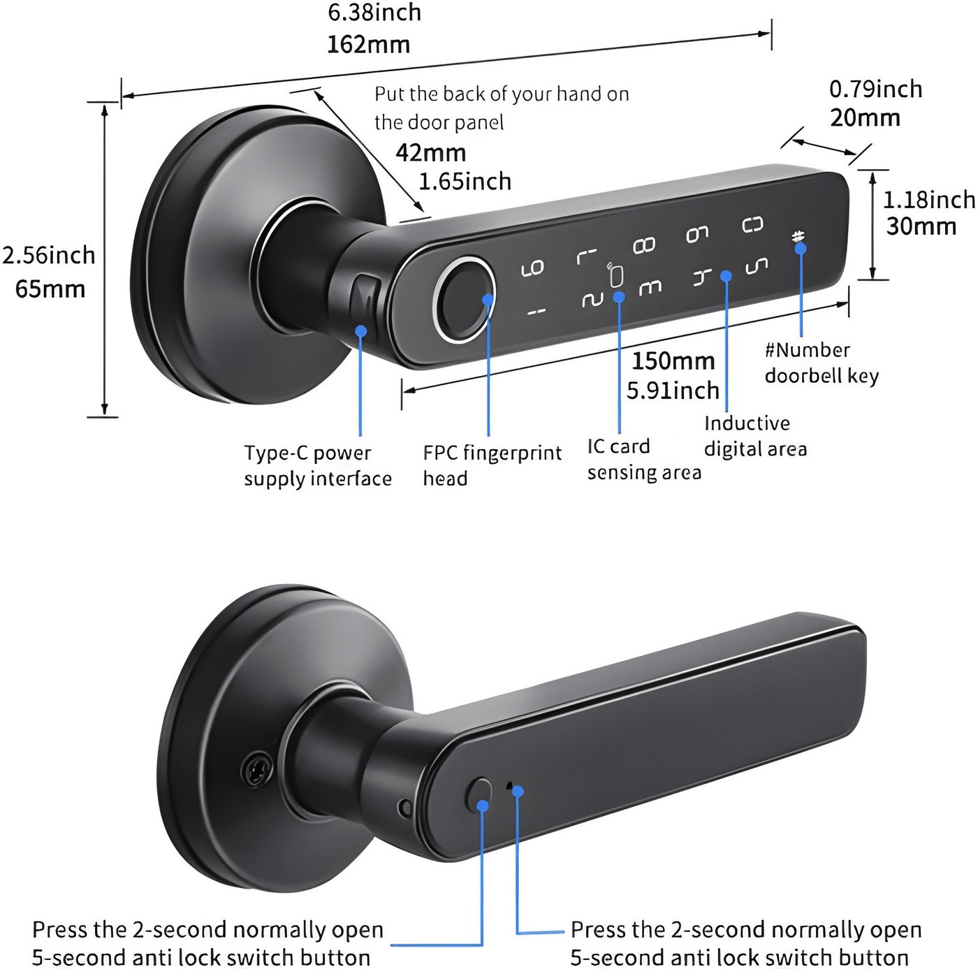 Tuya Türschlossantrieb BLE Fingerabdruck-Türschloss digitales elektronisches Schloss, App-Steuerung via Bluetooth, Tastatur zur Eingabe von PIN-Codes Bild 5