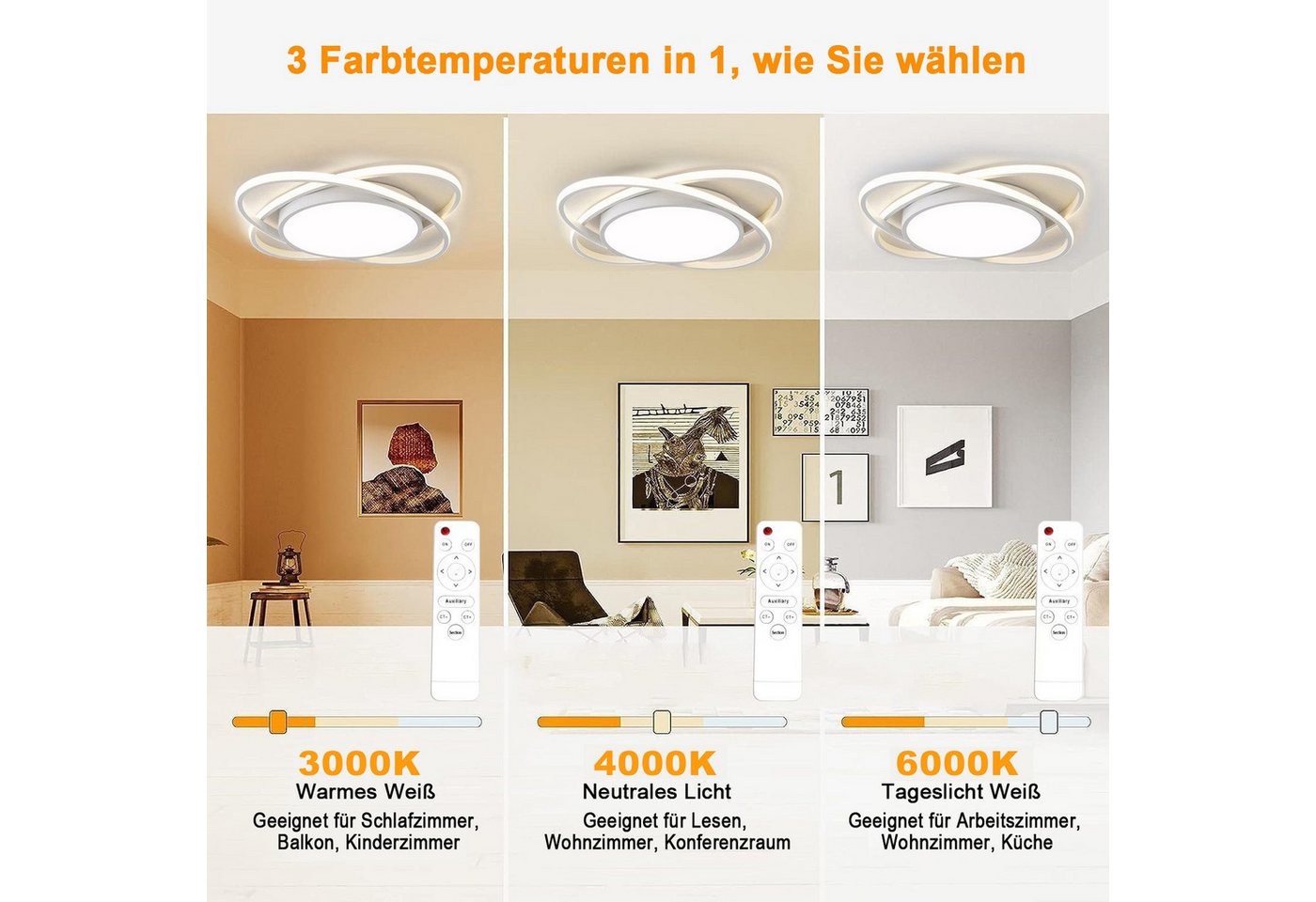 Fyrove Deckenleuchten Deckenlampe Wohnzimmer 53cm mit stufenlos dimmbarer Farbtemperatur, 62W3000-6500k, LED fest integriert, Modern Runde Wohnzimmer Schlafzimmer Arbeitszimmer Esszimmer Dekoration Lampen, Mit Speicherfunktion.Lichtfarbe- und Helligkeit einstellbar Bild 3