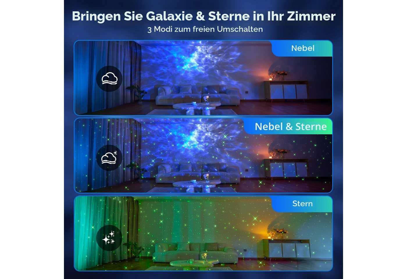 Vivitar LED-Sternenhimmel Projektor mit 15 Farben 15 Schlafliedern Geräuschen, 3 Projektionsmodi, Geschenk für Kinder, Mädchen, Frauen, mit Bluetooth, Fernbedienung, Nachtlicht für Kinder Schlafzimmer, LED-Sternenprojektor für Decken und Wände, Galaxie-Licht, Nebelprojektor, Stimmungslicht, Luxuriöse Steuerung per Funk-Fernbedienung, Dekorationslampe Bild 2