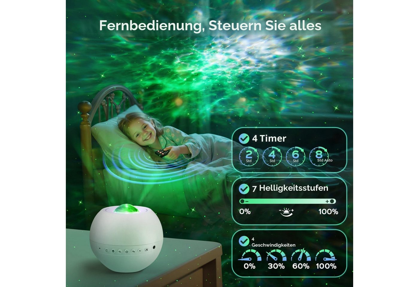 Vivitar LED-Sternenhimmel Projektor mit 15 Farben 15 Schlafliedern Geräuschen, 3 Projektionsmodi, Geschenk für Kinder, Mädchen, Frauen, mit Bluetooth, Fernbedienung, Nachtlicht für Kinder Schlafzimmer, LED-Sternenprojektor für Decken und Wände, Galaxie-Licht, Nebelprojektor, Stimmungslicht, Luxuriöse Steuerung per Funk-Fernbedienung, Dekorationslampe Bild 3