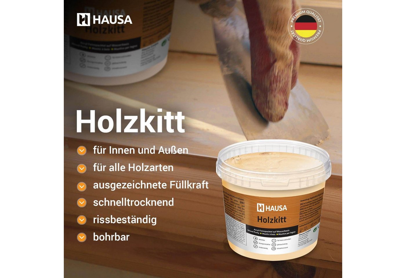 Hausa Holz-Reparaturset Holzkitt, 250g gebrauchsfertig ausgezeichnete Füllkraft rissbeständig, 1-St., Gramm Ebenholz Holzspachtelmasse Kitt für Holz, Holzspachtel/Füllmasse zum Reparieren Bild 2