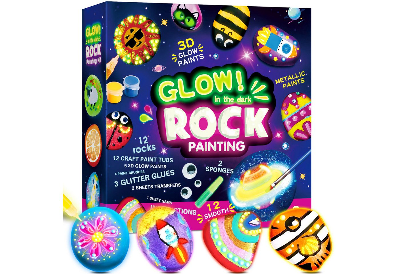 Wootoy Kreativset Steine-Bemalset Experimentierkasten 12 Steine zum Bemalen DIY Set, (mit Leuchtfarben Glitzerkleber Stickern und Kreativzubehör, 1-tlg., Glow-in-the-Dark-Farben erzeugen beeindruckende Leuchteffekte), Attraktive Geschenkidee für kreative Kinder Bastelprojekte Geburtstage
