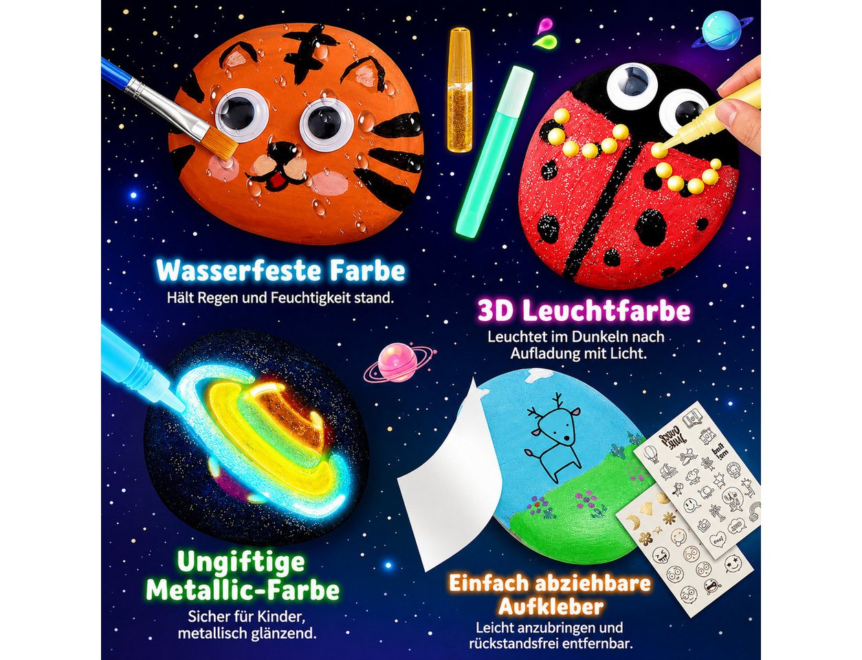 Wootoy Kreativset Steine-Bemalset Experimentierkasten 12 Steine zum Bemalen DIY Set, (mit Leuchtfarben Glitzerkleber Stickern und Kreativzubehör, 1-tlg., Glow-in-the-Dark-Farben erzeugen beeindruckende Leuchteffekte), Attraktive Geschenkidee für kreative Kinder Bastelprojekte Geburtstage Bild 2