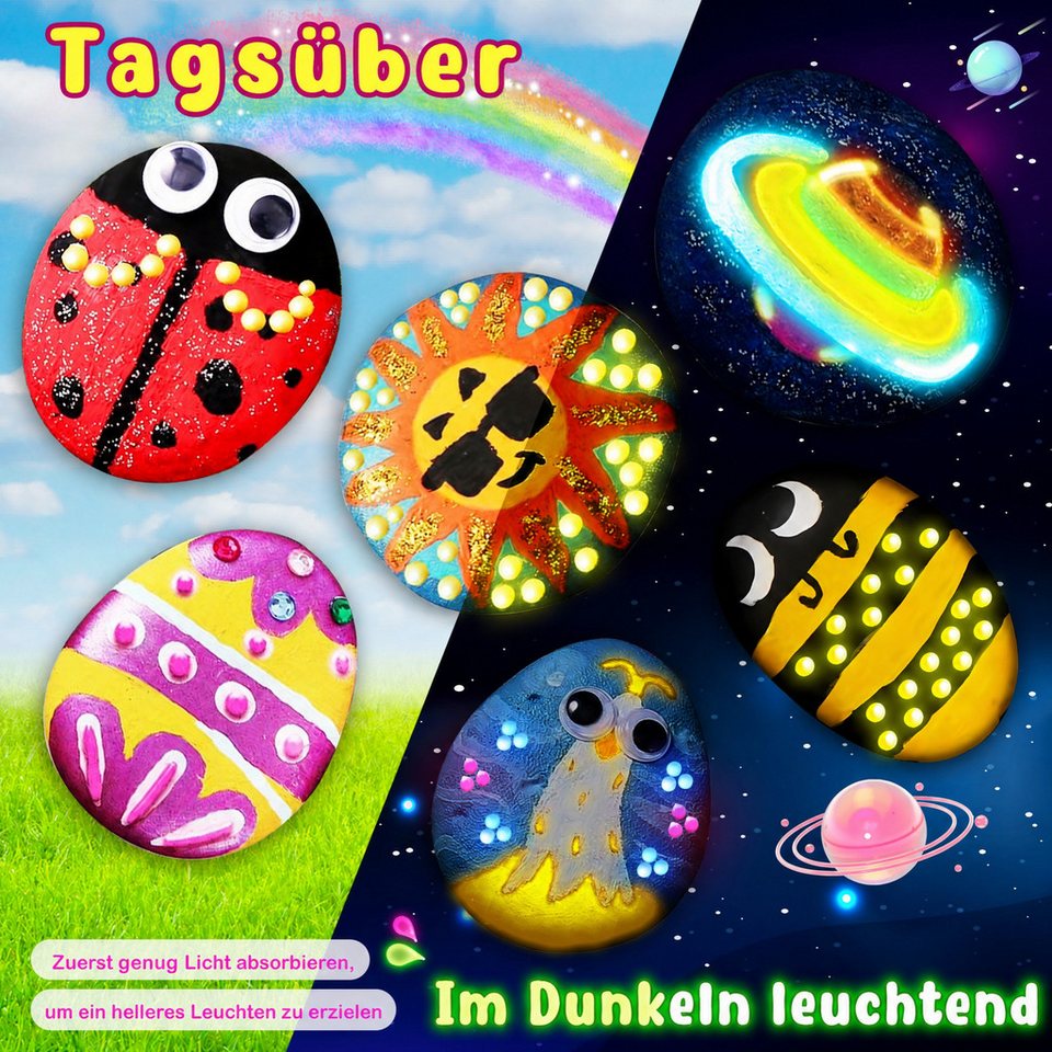 Wootoy Kreativset Steine-Bemalset Experimentierkasten 12 Steine zum Bemalen DIY Set, (mit Leuchtfarben Glitzerkleber Stickern und Kreativzubehör, 1-tlg., Glow-in-the-Dark-Farben erzeugen beeindruckende Leuchteffekte), Attraktive Geschenkidee für kreative Kinder Bastelprojekte Geburtstage Bild 3