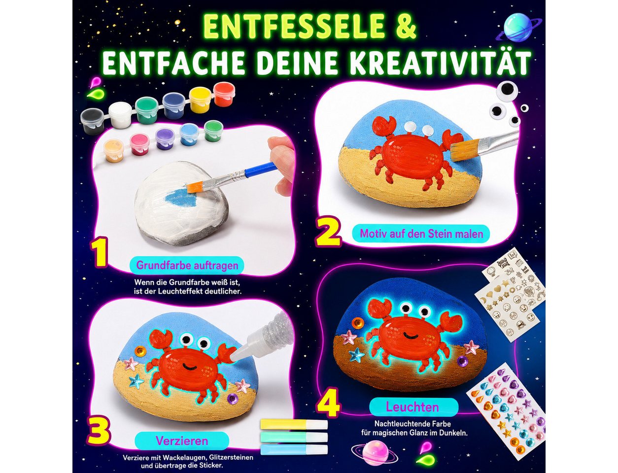 Wootoy Kreativset Steine-Bemalset Experimentierkasten 12 Steine zum Bemalen DIY Set, (mit Leuchtfarben Glitzerkleber Stickern und Kreativzubehör, 1-tlg., Glow-in-the-Dark-Farben erzeugen beeindruckende Leuchteffekte), Attraktive Geschenkidee für kreative Kinder Bastelprojekte Geburtstage Bild 4