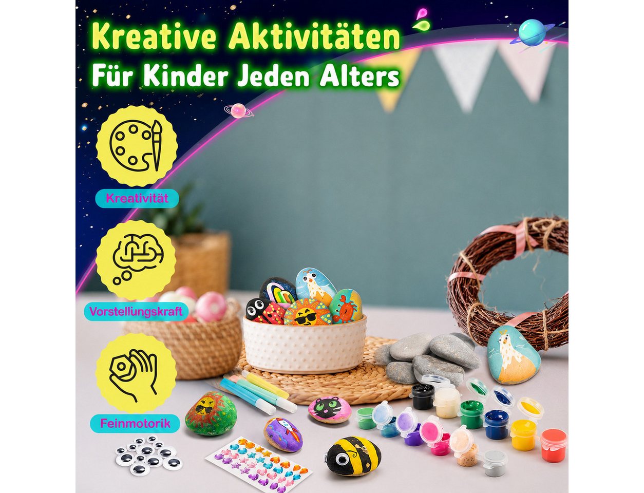 Wootoy Kreativset Steine-Bemalset Experimentierkasten 12 Steine zum Bemalen DIY Set, (mit Leuchtfarben Glitzerkleber Stickern und Kreativzubehör, 1-tlg., Glow-in-the-Dark-Farben erzeugen beeindruckende Leuchteffekte), Attraktive Geschenkidee für kreative Kinder Bastelprojekte Geburtstage Bild 5