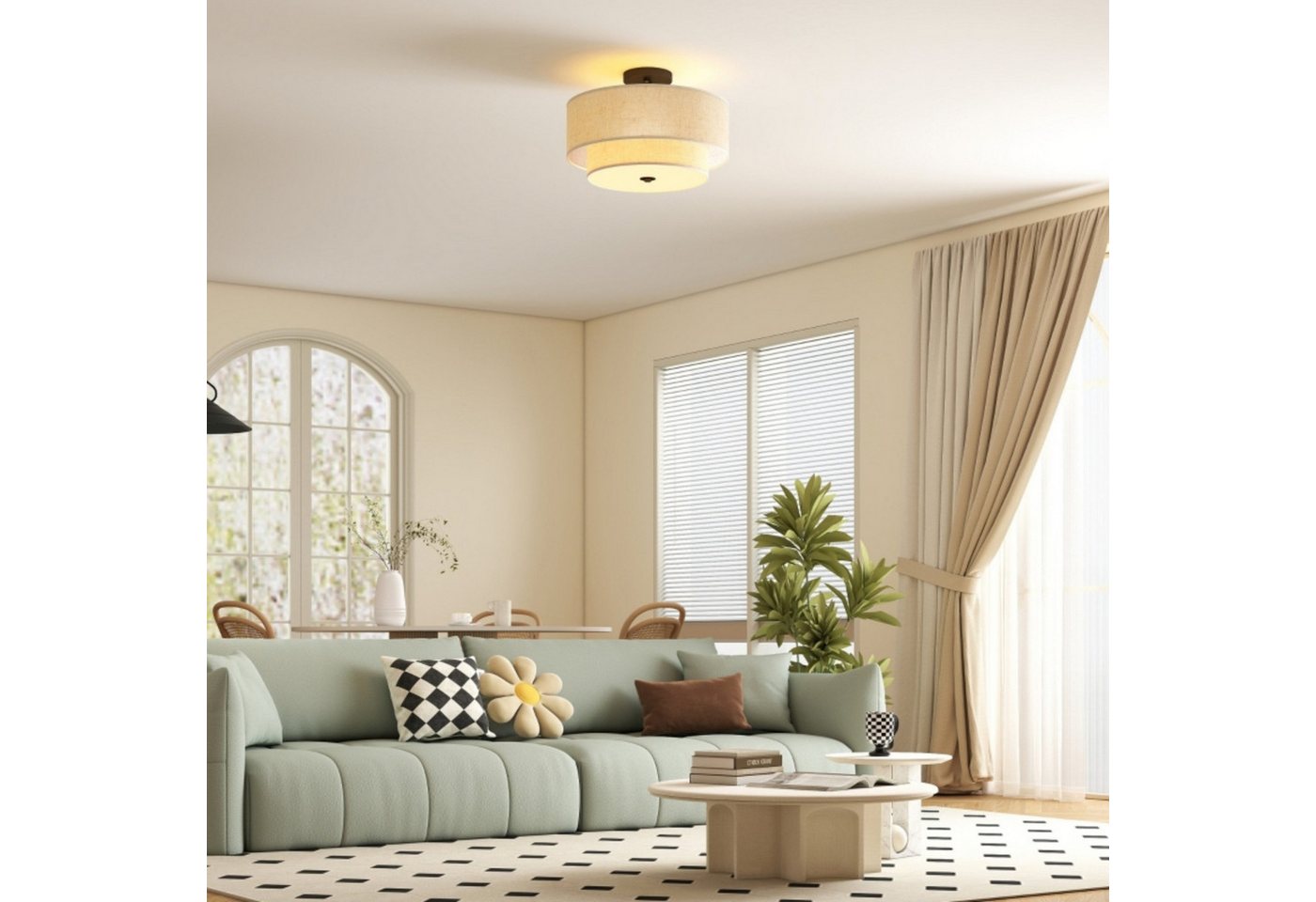 Blossom LED Deckenleuchte Deckenlampe E14 mit Leinen Lampenschirm Ø40 cm 3-flammig, für Wohnzimmer Schlafzimmer Flur, modern