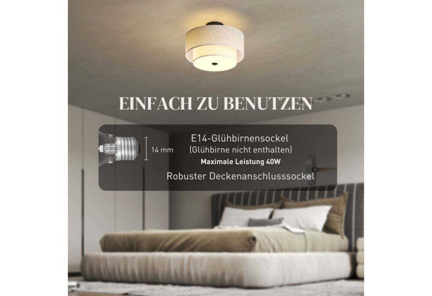 Blossom LED Deckenleuchte Deckenlampe E14 mit Leinen Lampenschirm Ø40 cm 3-flammig, für Wohnzimmer Schlafzimmer Flur, modern Bild 3