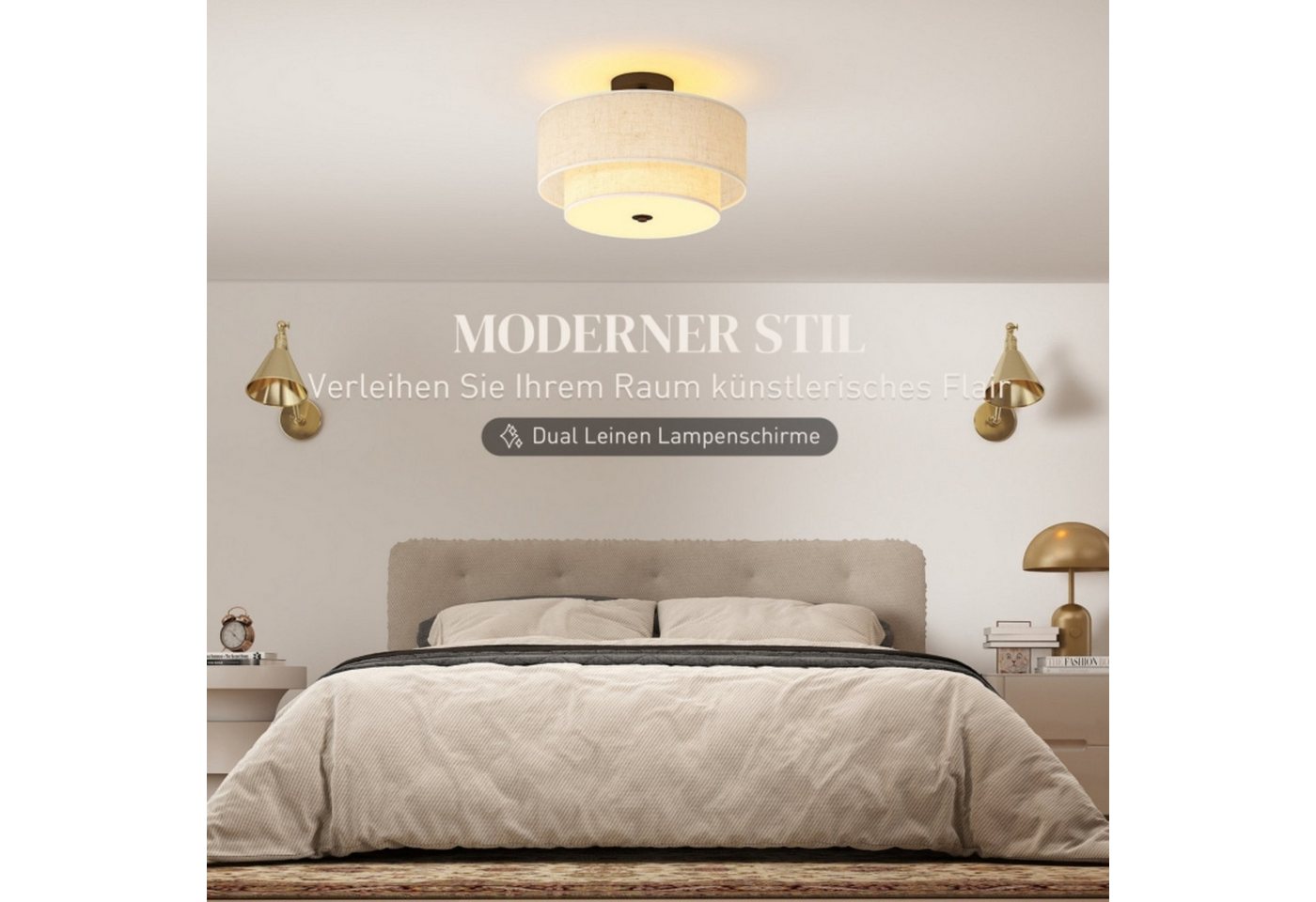 Blossom LED Deckenleuchte Deckenlampe E14 mit Leinen Lampenschirm Ø40 cm 3-flammig, für Wohnzimmer Schlafzimmer Flur, modern Bild 5