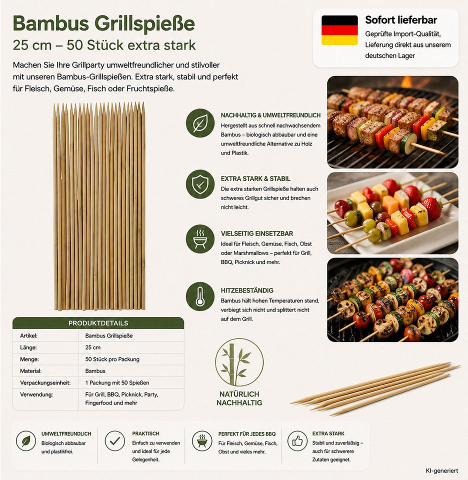 HH-Haushalt Grillspieß Bambus Grillspieße 25 cm, 50 Stück extra stark