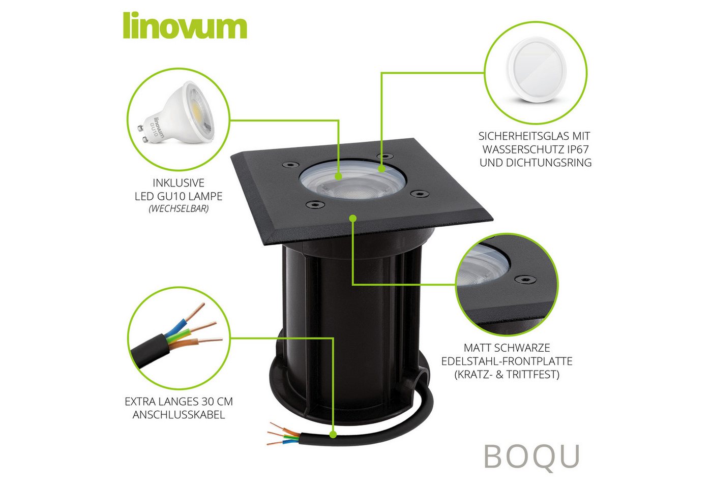 linovum LED Gartenstrahler BOQU Bodeneinbaustrahler IP67 mit LED GU10 Lampe 2W warmweiß Spot, Warmweiß Bild 2