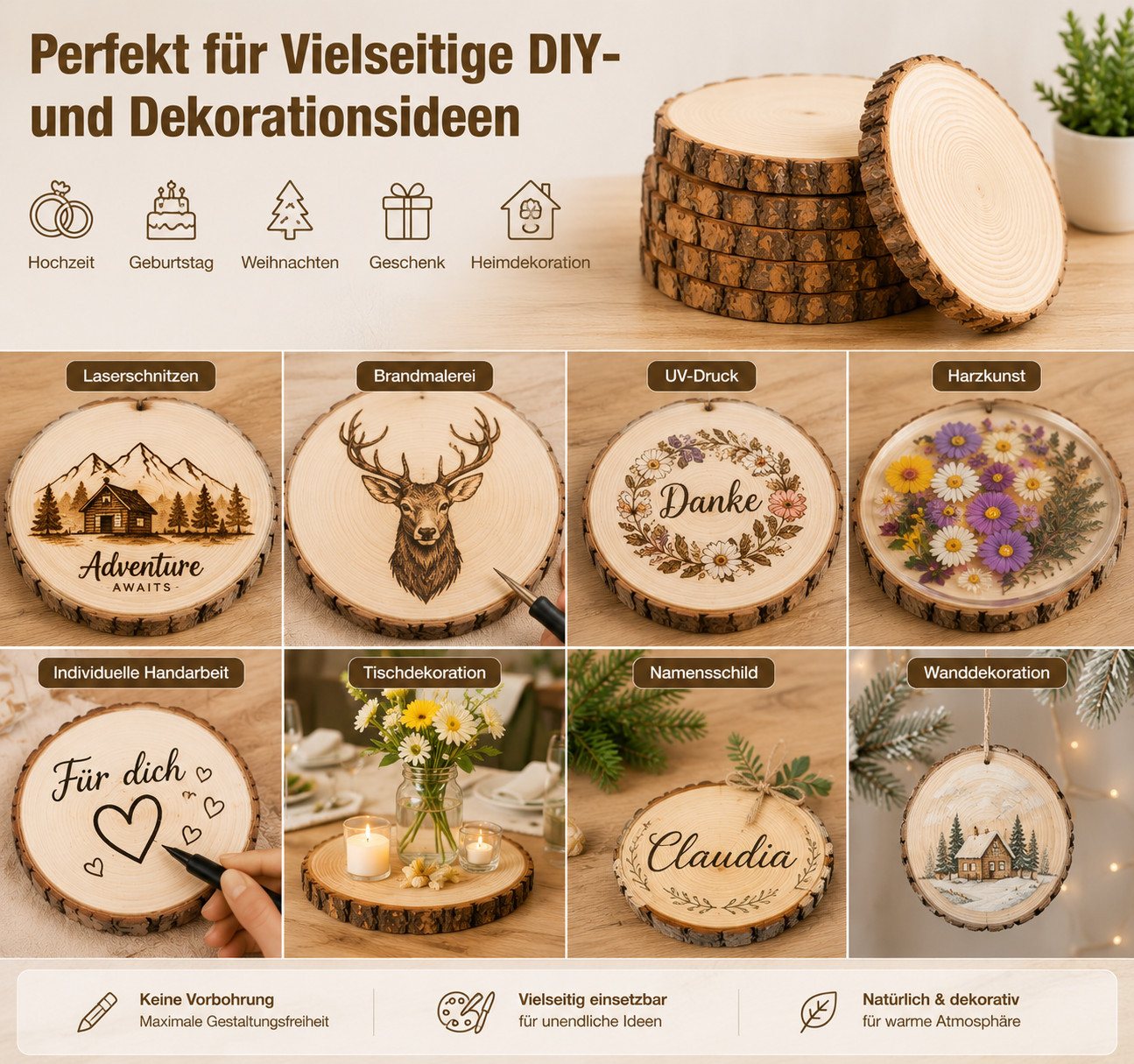 lindahandel Rindenscheiben Holzscheiben 16–17 cm, Dicke 15 mm, Kiefer Baumscheiben ungebohrt, (8-tlg), ideal für individuelle DIY Dekorationen,Untersetzer,und Bastelprojekte