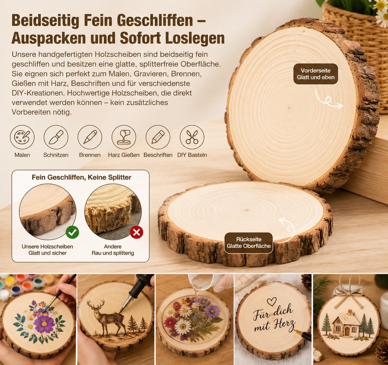 lindahandel Rindenscheiben Holzscheiben 16–17 cm, Dicke 15 mm, Kiefer Baumscheiben ungebohrt, (8-tlg), ideal für individuelle DIY Dekorationen,Untersetzer,und Bastelprojekte Bild 2