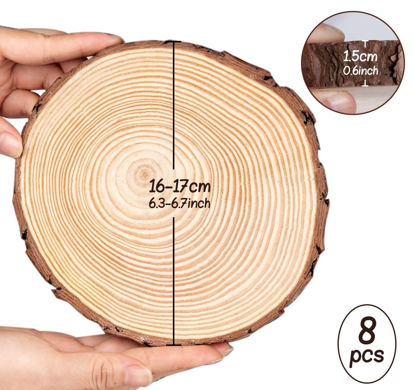 lindahandel Rindenscheiben Holzscheiben 16–17 cm, Dicke 15 mm, Kiefer Baumscheiben ungebohrt, (8-tlg), ideal für individuelle DIY Dekorationen,Untersetzer,und Bastelprojekte Bild 3