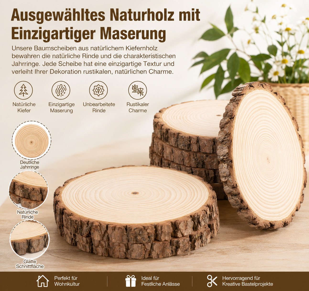 lindahandel Rindenscheiben Holzscheiben 16–17 cm, Dicke 15 mm, Kiefer Baumscheiben ungebohrt, (8-tlg), ideal für individuelle DIY Dekorationen,Untersetzer,und Bastelprojekte Bild 4