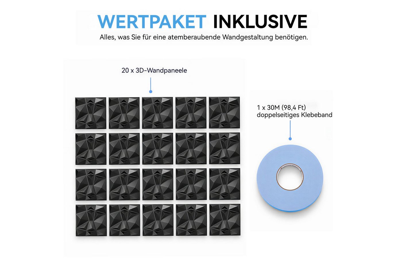 BlingBin 3D Wandpaneel 20 Stück 3D Wandpaneele Selbstklebend Steinoptik, BxL: 30x30 cm, 0,09 qm, (20 Stück, 20-tlg., 30 × 30 cm, 3D Paneele PVC Platte) Wandaufkleber für Innenwanddekoration, für Möbel Wandtür Bild 2