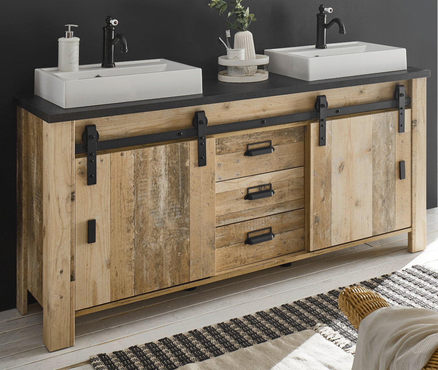 Furn.Design Doppelwaschtisch Stove (Waschtischunterschrank mit 2x Waschbecken, Breite 164 cm), mit Schiebetüren und Soft-Close