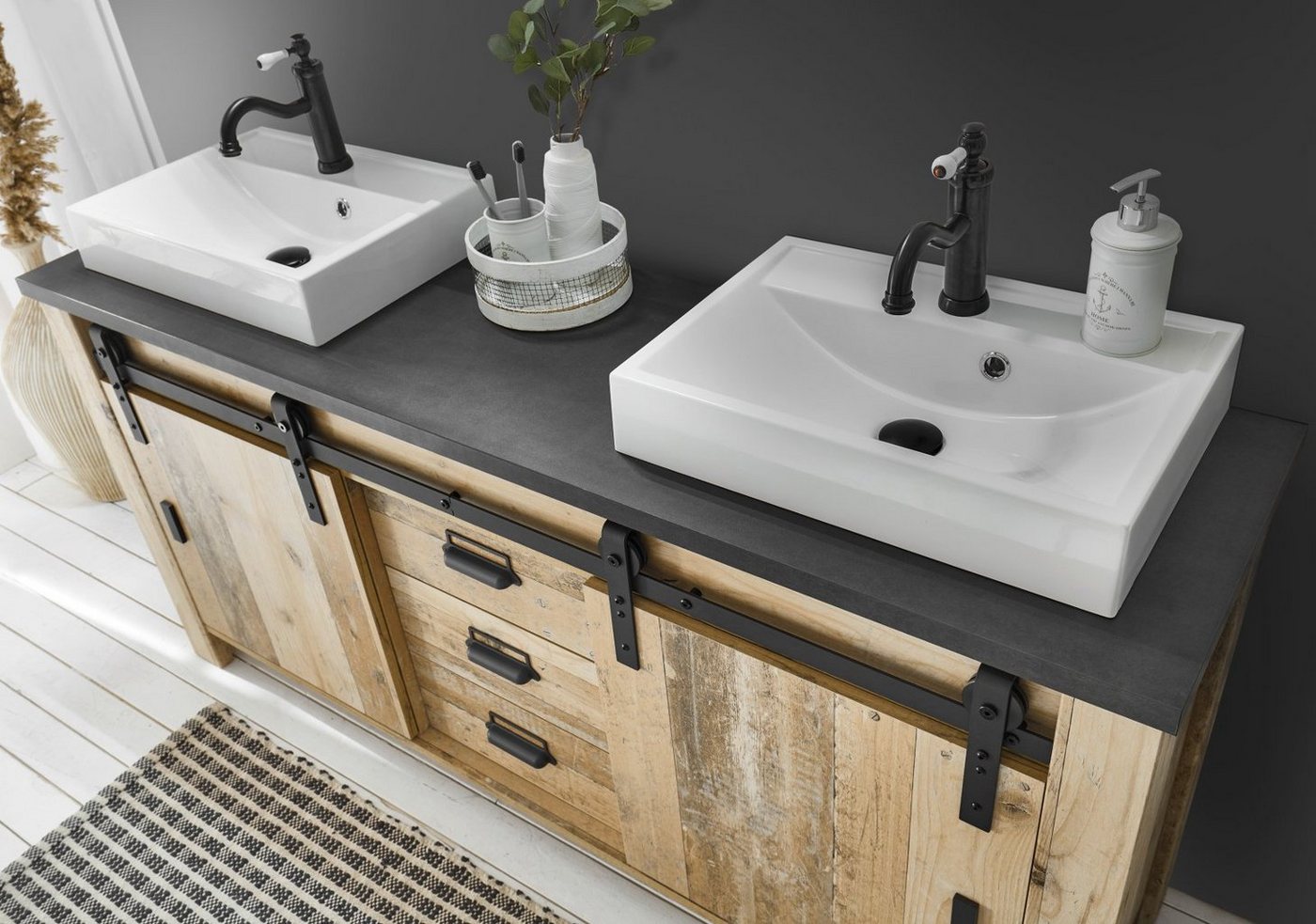Furn.Design Doppelwaschtisch Stove (Waschtischunterschrank mit 2x Waschbecken, Breite 164 cm), mit Schiebetüren und Soft-Close Bild 2