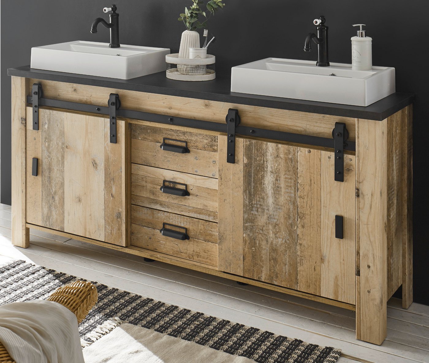 Furn.Design Doppelwaschtisch Stove (Waschtischunterschrank mit 2x Waschbecken, Breite 164 cm), mit Schiebetüren und Soft-Close Bild 3