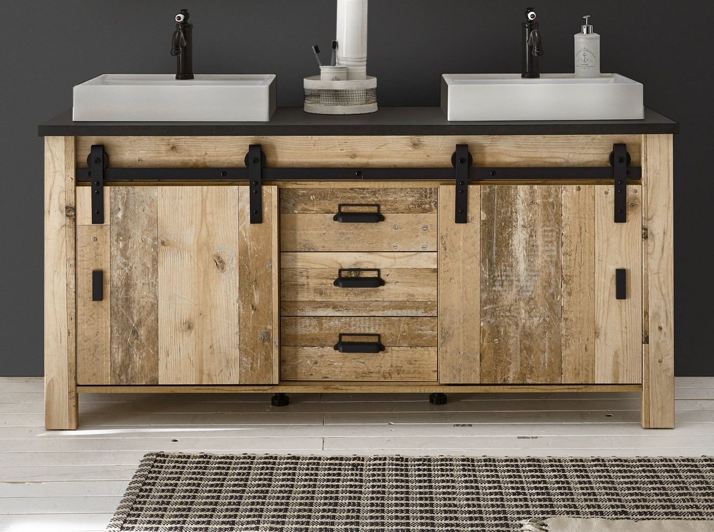 Furn.Design Doppelwaschtisch Stove (Waschtischunterschrank mit 2x Waschbecken, Breite 164 cm), mit Schiebetüren und Soft-Close Bild 4