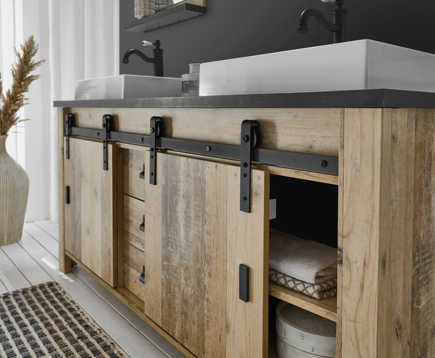 Furn.Design Doppelwaschtisch Stove (Waschtischunterschrank mit 2x Waschbecken, Breite 164 cm), mit Schiebetüren und Soft-Close Bild 5
