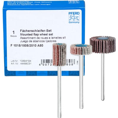 PFERD 44498031 - Fächerschleifer-Set Korund A 80 Ø10x15mm, Ø15x5mm und Ø20x10mm