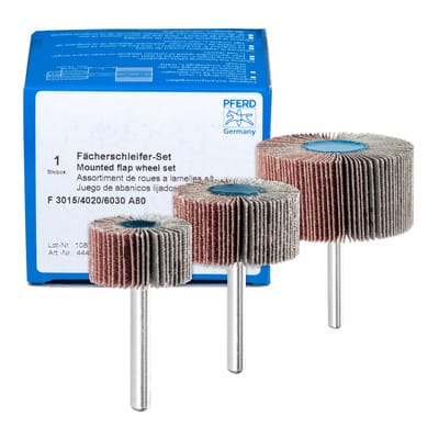 PFERD 44498032 - Fächerschleifer-Set Korund A 80 Ø30x15mm, Ø40x20mm und Ø60x30mm