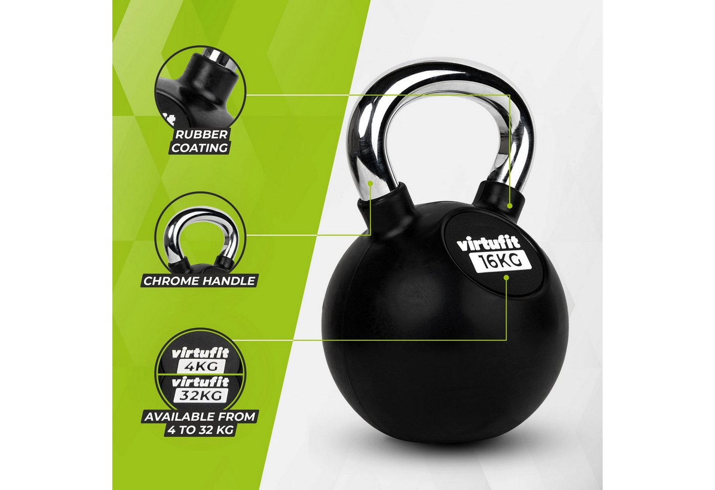 VirtuFit Kettlebell VirtuFit Kettlebell Pro 16 kg aus Gusseisen mit Gummi und Chromgriff Bild 2