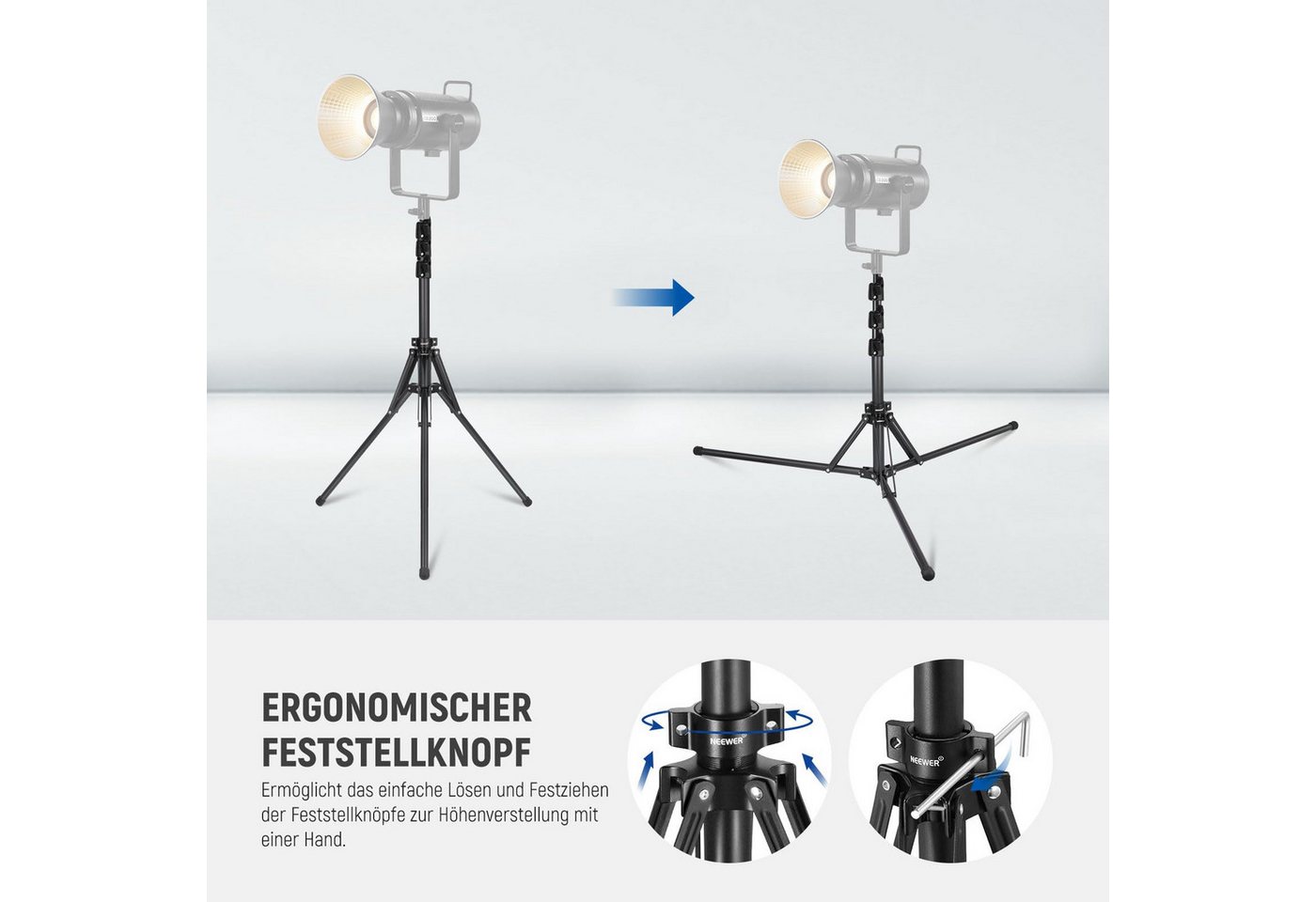 Neewer ST178B Lichtstativ 178cm, 180° umkehrbar, für Innen/Außen Fotografie Lampenstativ (hohenverstellbar von 48 bis 178 cm, 1/4" Schraube und 5/8" Bolzen) Bild 2