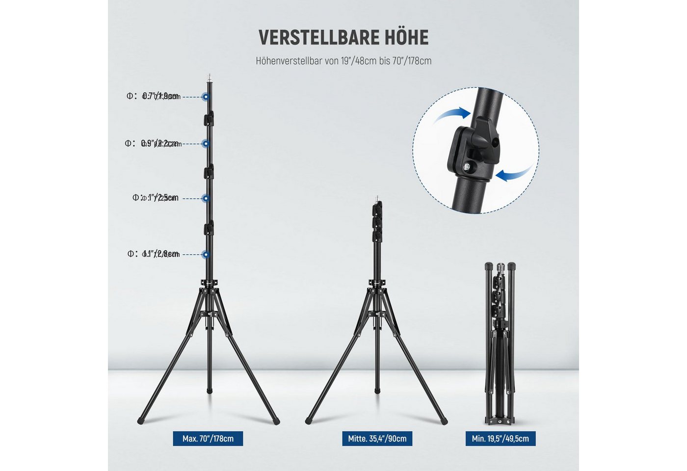 Neewer ST178B Lichtstativ 178cm, 180° umkehrbar, für Innen/Außen Fotografie Lampenstativ (hohenverstellbar von 48 bis 178 cm, 1/4" Schraube und 5/8" Bolzen) Bild 3