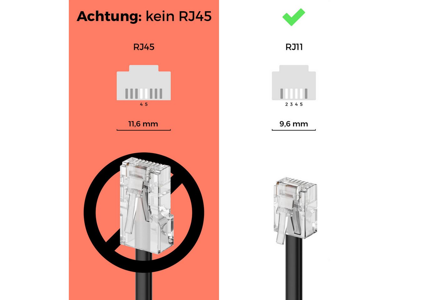 deleyCON deleyCON 50m Telefonkabel TAE-F auf RJ11 Stecker 6P4C Analoge LAN-Kabel