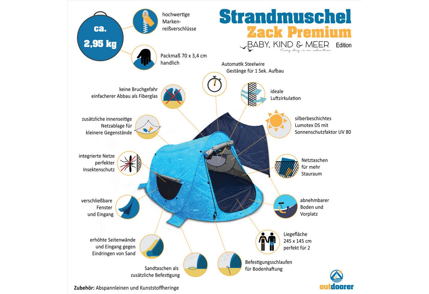 outdoorer Strandmuschel Zack Premium "Baby, Kind & Meer" - selbstaufbauend, Sonnenschutz, Große Pop-up-Strandmuschel mit abnehmbarem Boden, Vordach, Windschutz