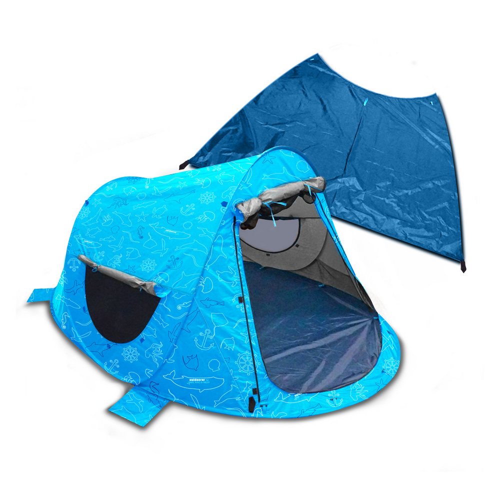outdoorer Strandmuschel Zack Premium "Baby, Kind & Meer" - selbstaufbauend, Sonnenschutz, Große Pop-up-Strandmuschel mit abnehmbarem Boden, Vordach, Windschutz Bild 5