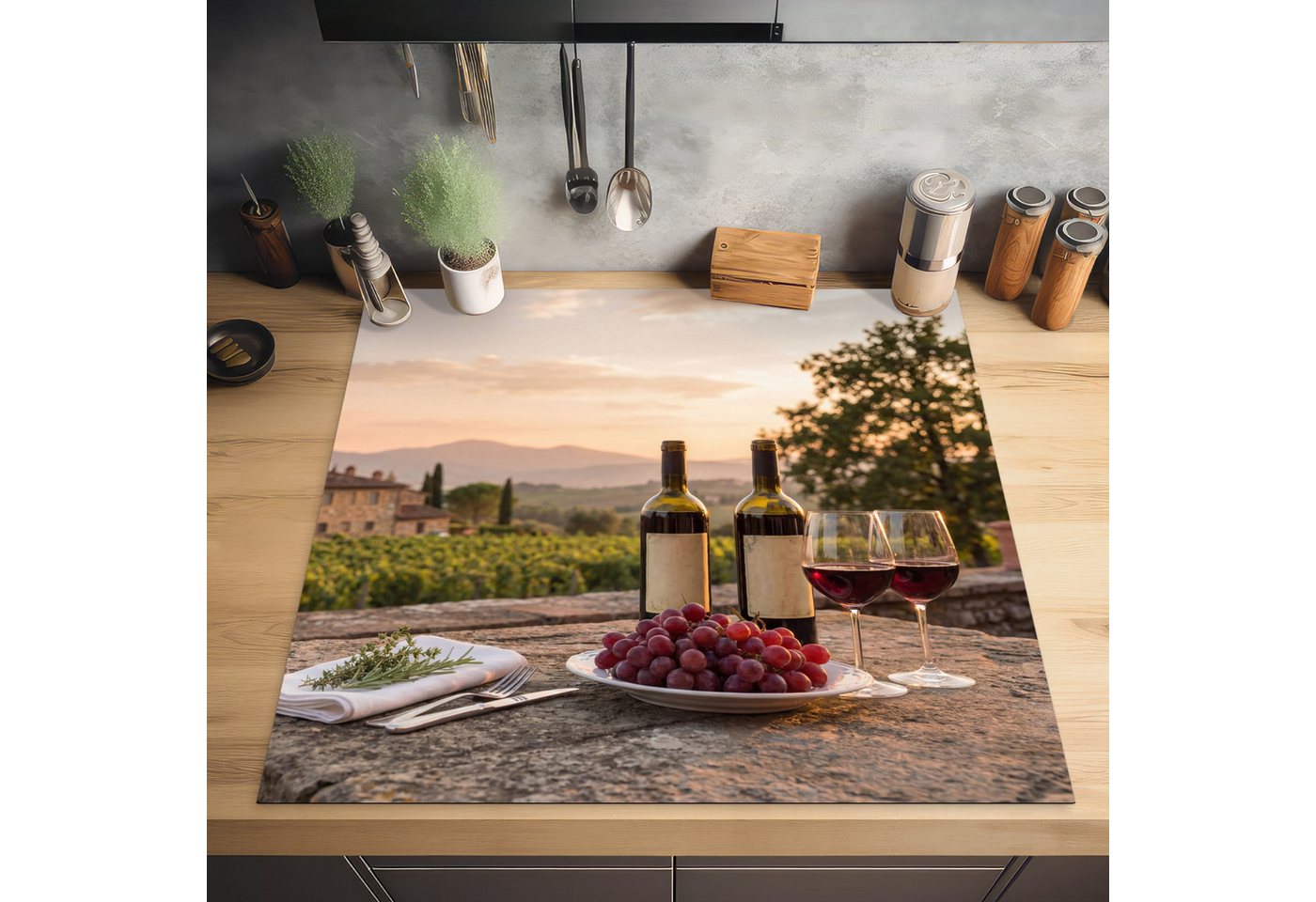 MuchoWow Herd-Abdeckplatte Wein - Gläser - Trauben - Weinberg, Vinyl, (1 tlg), Küche Herdabdeckung Ceranfeld Induktionsfeld Vinyl, 60x60 cm Bild 3