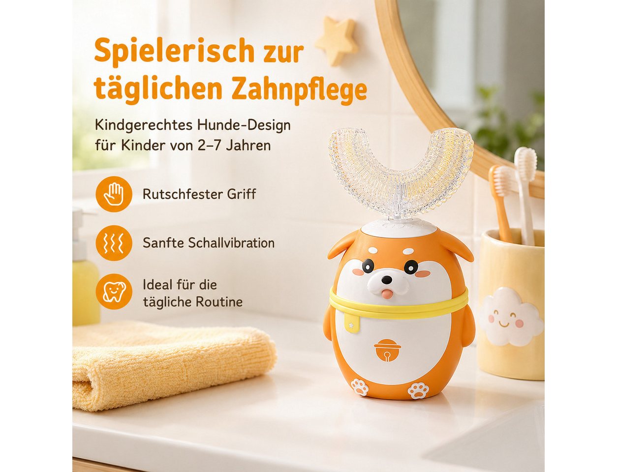Tekoo Elektrische Kinderzahnbürste Schallzahnbürste Kinder Set U-Form, 5 Modi & Timer, 2-7 Jahre, Aufsteckbürsten: 4 St., Inklusive 4 Bürstenköpfe (2x U-Form, 2x Standard), Elektrische Kinderzahnbürste mit U-Form Kopf für 360° Reinigung