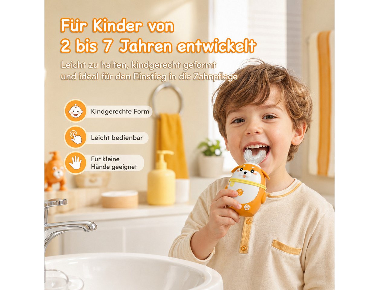 Tekoo Elektrische Kinderzahnbürste Schallzahnbürste Kinder Set U-Form, 5 Modi & Timer, 2-7 Jahre, Aufsteckbürsten: 4 St., Inklusive 4 Bürstenköpfe (2x U-Form, 2x Standard), Elektrische Kinderzahnbürste mit U-Form Kopf für 360° Reinigung Bild 3