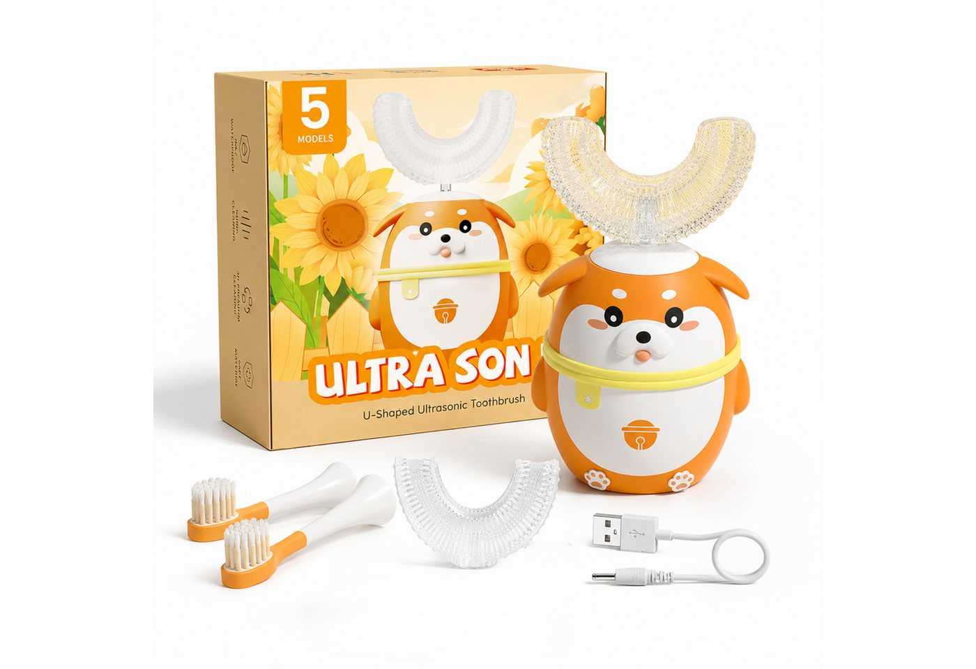 Tekoo Elektrische Kinderzahnbürste Schallzahnbürste Kinder Set U-Form, 5 Modi & Timer, 2-7 Jahre, Aufsteckbürsten: 4 St., Inklusive 4 Bürstenköpfe (2x U-Form, 2x Standard), Elektrische Kinderzahnbürste mit U-Form Kopf für 360° Reinigung Bild 4