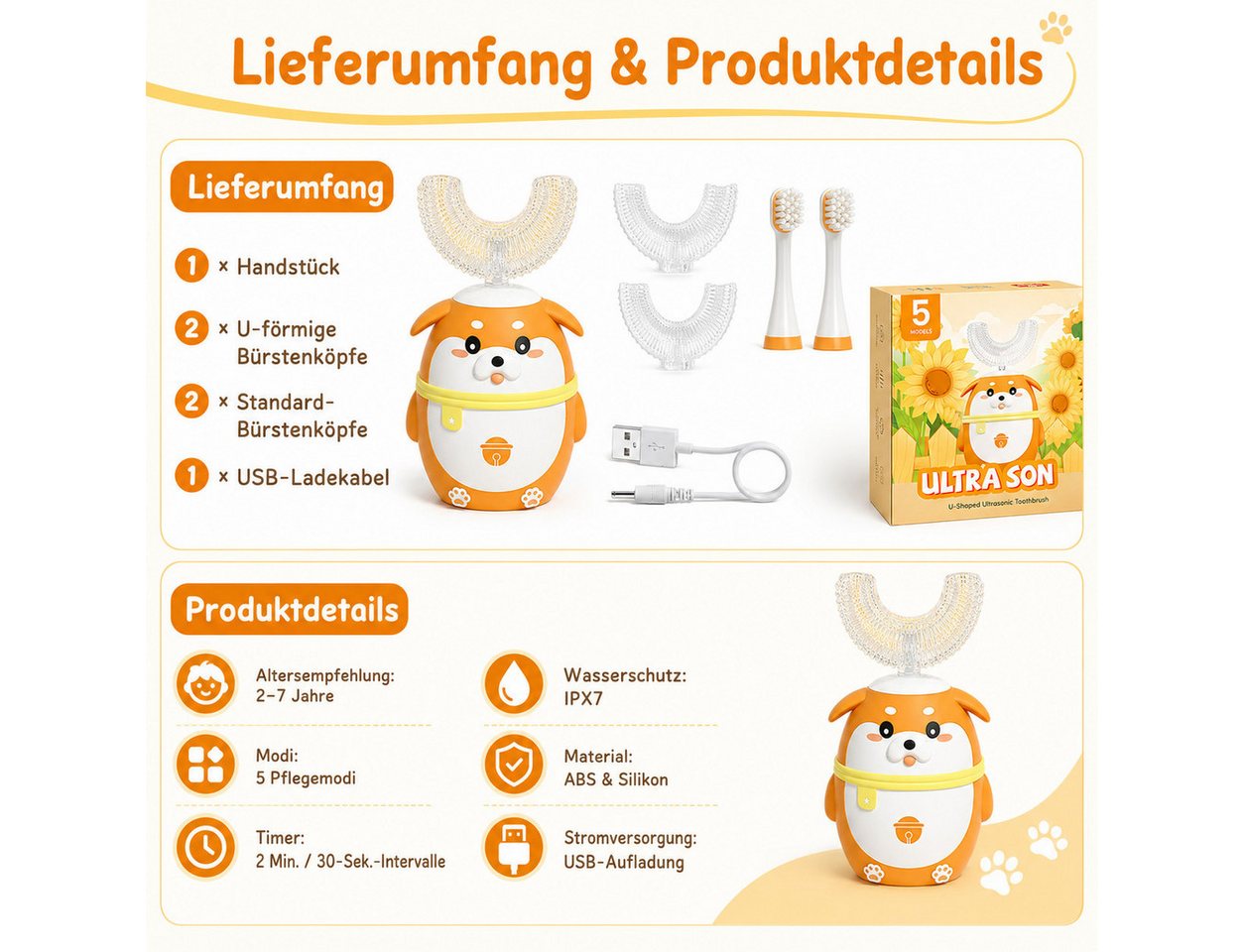 Tekoo Elektrische Kinderzahnbürste Schallzahnbürste Kinder Set U-Form, 5 Modi & Timer, 2-7 Jahre, Aufsteckbürsten: 4 St., Inklusive 4 Bürstenköpfe (2x U-Form, 2x Standard), Elektrische Kinderzahnbürste mit U-Form Kopf für 360° Reinigung Bild 5