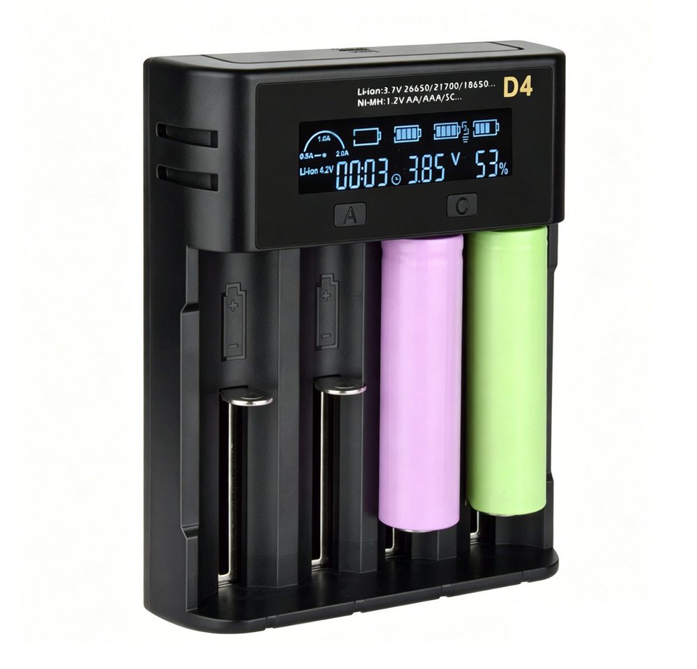 AFKSMILE 4 Ladeplätze Ladegerät für 18650-Akkus, Display Batterieladegerät Akku-Ladestation (2000mA, Ladegerät für 3,6/3,7V-Lithium-Ionen-Akkus und 1,2V-NiMH-Akkus)