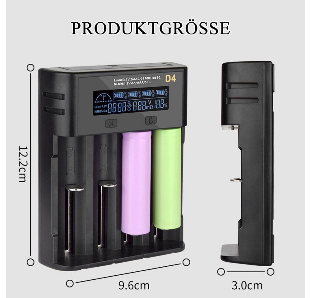 AFKSMILE 4 Ladeplätze Ladegerät für 18650-Akkus, Display Batterieladegerät Akku-Ladestation (2000mA, Ladegerät für 3,6/3,7V-Lithium-Ionen-Akkus und 1,2V-NiMH-Akkus) Bild 3
