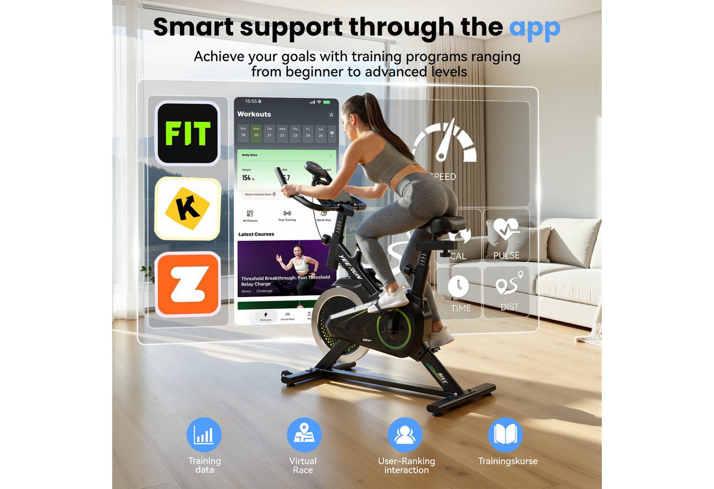 YEE RUN Heimtrainer Fahrrad mit App, Stationary Bike, 100% einstellbarer Magnetwiderstand, Heimtrainer Fahrrad, Fitness-Apps per Smart phone/Tablet