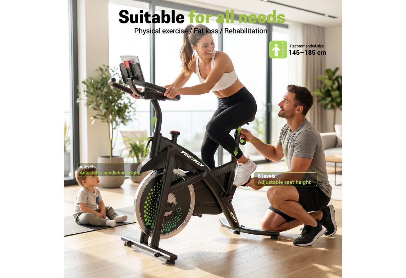 YEE RUN Heimtrainer Fahrrad mit App, 100% Magnetwiderstand, Not-Aus, Herzfrequenzmesser, Heimtrainer Fahrrad, Fitness-Apps per Smartphone/Tablet Bild 5