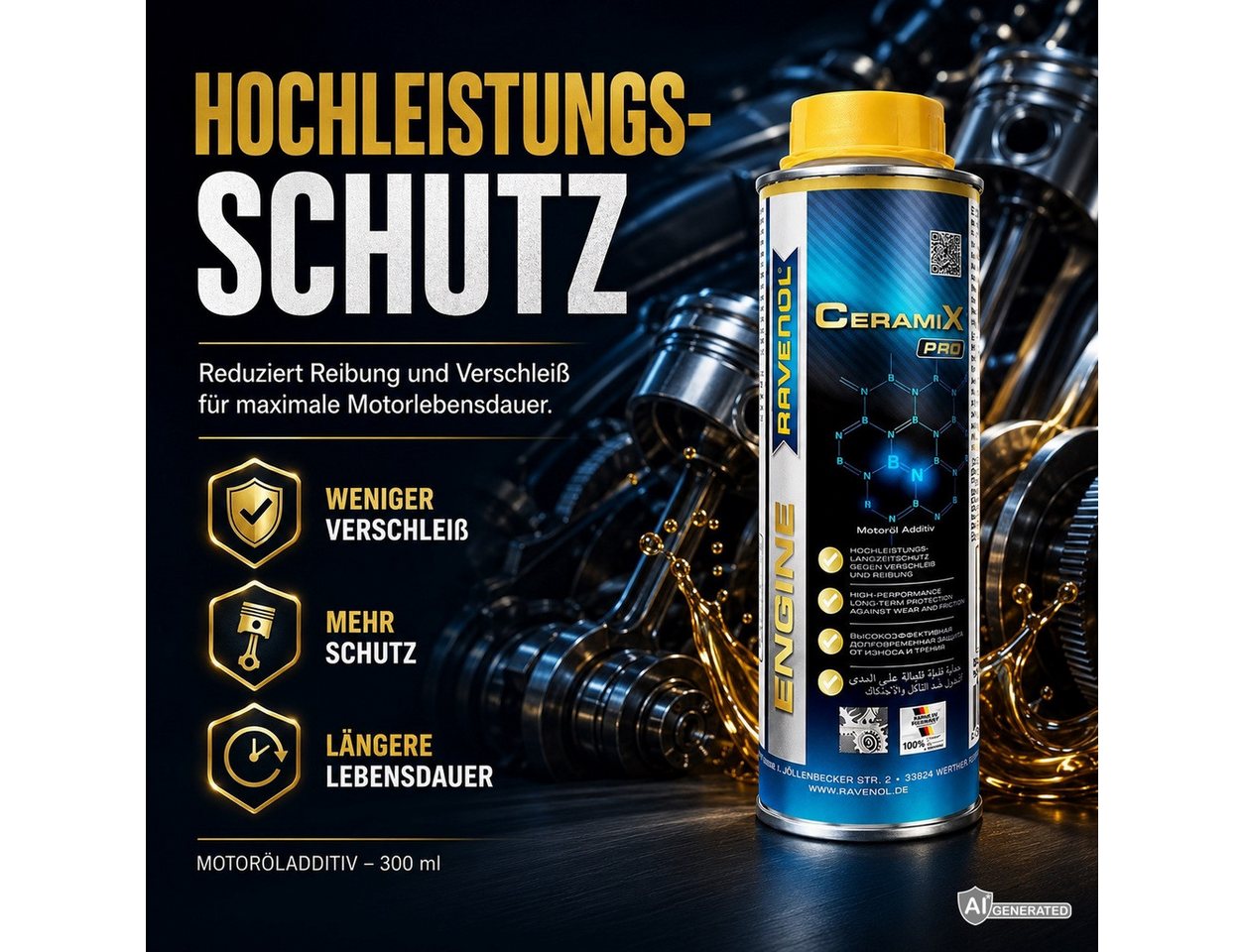 Ravenol Öl-Additiv CeramiX-Pro 300 ml Keramik Motoröladditiv mit hBN Verschleißschutz, 0,3 l, Keramik-Motoröladditiv mit hBN für Reibungs- & Verschleißschutz Bild 4