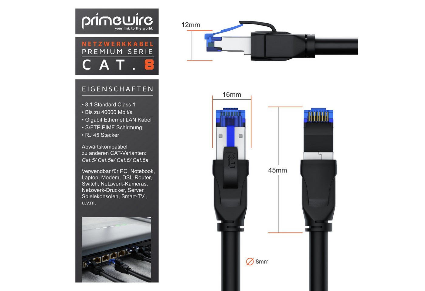 Primewire CAT 8 Patchkabel Gigabit Ethernet Netzwerkkabel LAN-Kabel, CAT.8, RJ-45 (Ethernet) (2500 cm), Patchkabel CAT 8 Gigabit Ethernet 40 Gbit/s S/FTP Netzwerkkabel - 25m Bild 5