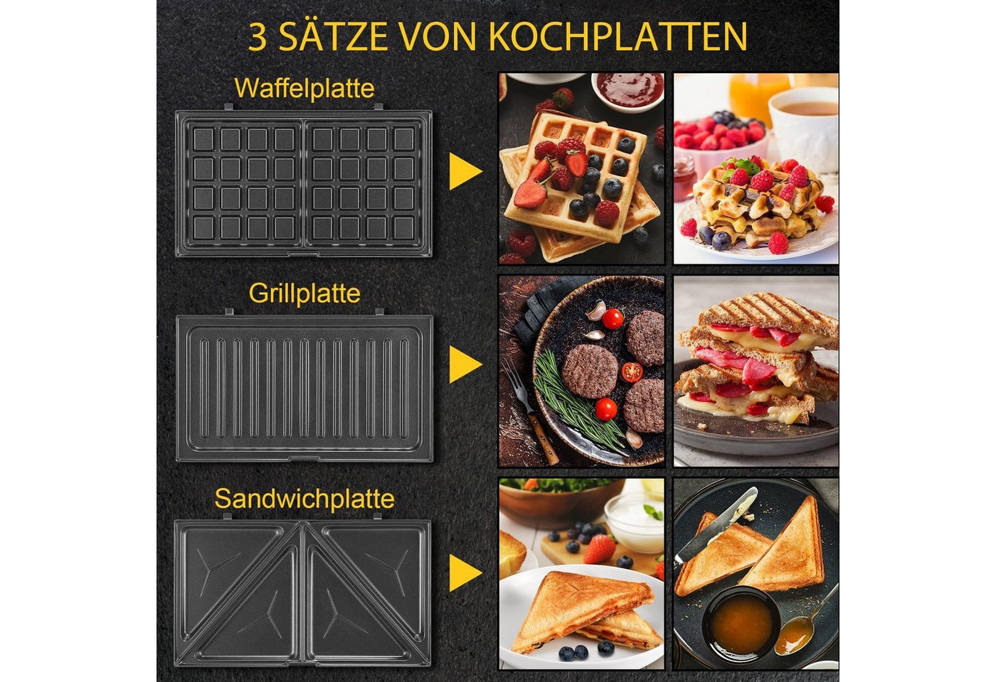 wohnTRAUM24 3-in-1-Kombi-Waffeleisen Waffeleisen, Sandwichmaker 3 in 1, Multifunktionsgerät Doppel, 760,00 W, 3 Abnehmbare Platten, Antihaftbeschichtung, LED-Leuchten
