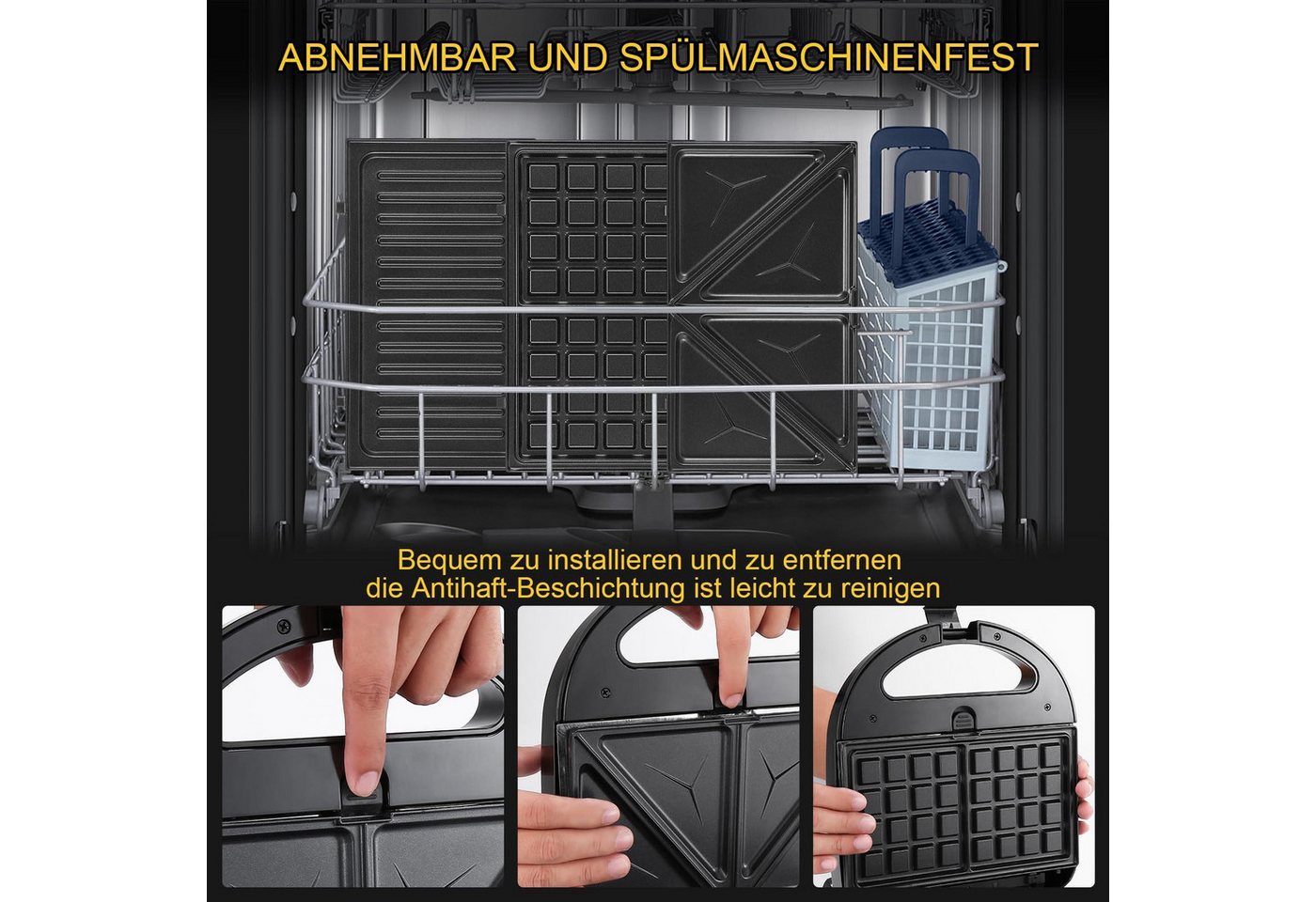 wohnTRAUM24 3-in-1-Kombi-Waffeleisen Waffeleisen, Sandwichmaker 3 in 1, Multifunktionsgerät Doppel, 760,00 W, 3 Abnehmbare Platten, Antihaftbeschichtung, LED-Leuchten Bild 3