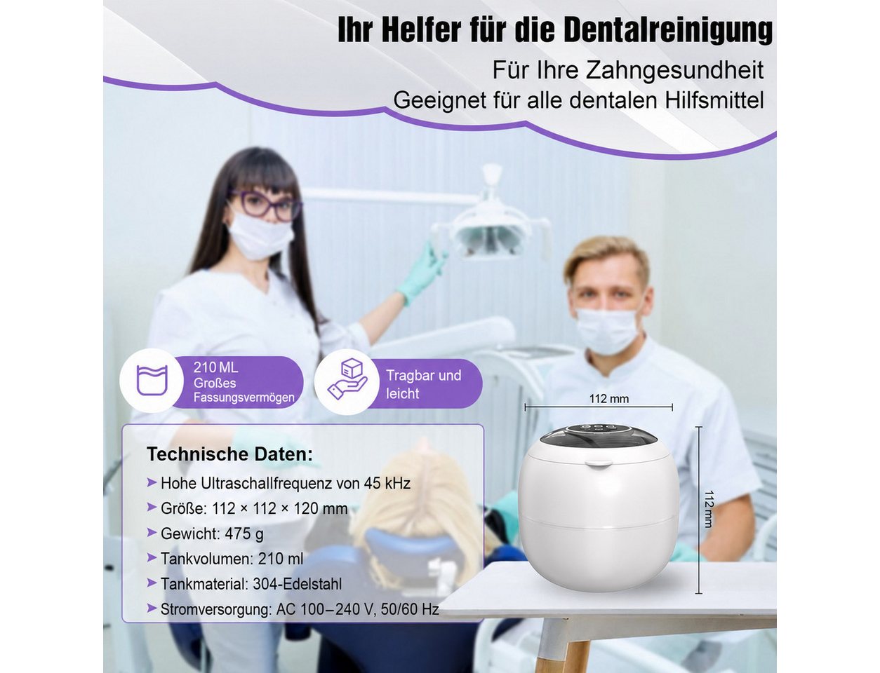 Tekoo Ultraschallreiniger UV-C Licht für Gebiss Aligner & Schmuck 45kHz, Automatische UV-Abschaltung beim Öffnen Bild 2