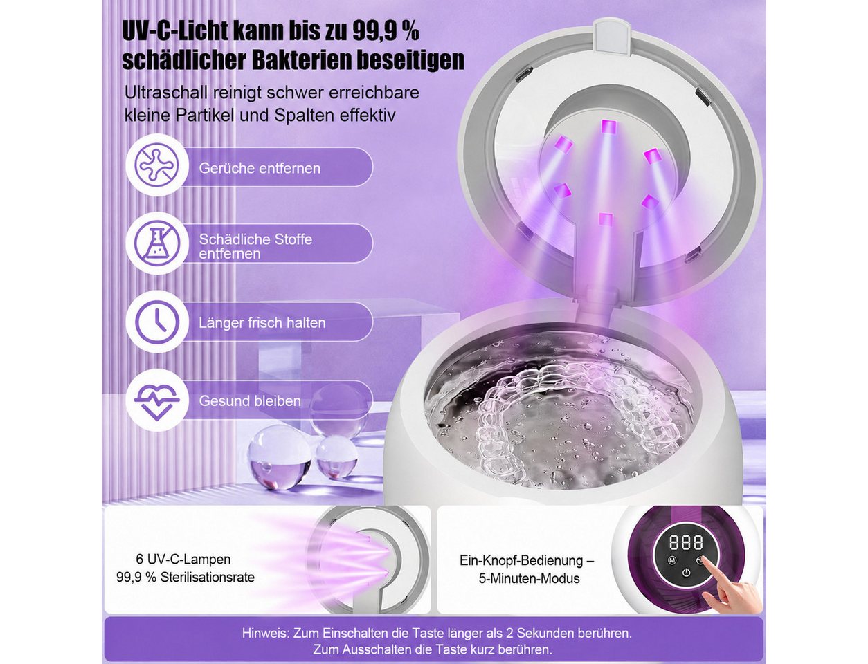 Tekoo Ultraschallreiniger UV-C Licht für Gebiss Aligner & Schmuck 45kHz, Automatische UV-Abschaltung beim Öffnen Bild 4